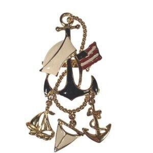 Vintage Navy Nautical Anchor and Sailboat Charm Brooch - Gold, Black, White, Red